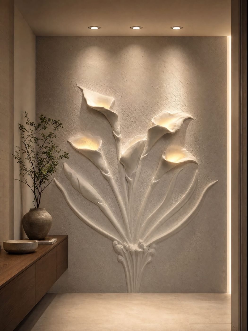 Sculpted gypsum flower relief in a living room