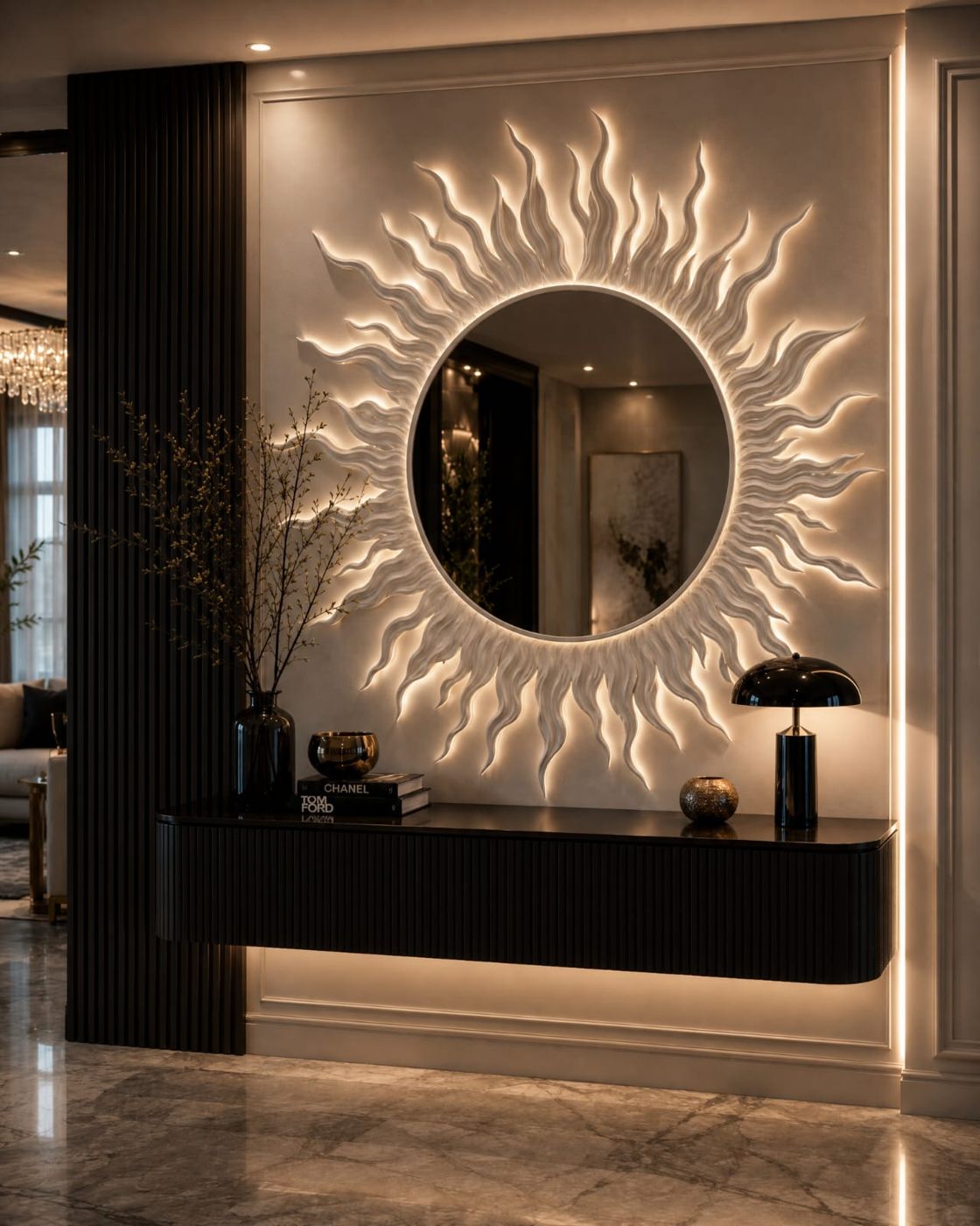 Abstract sun mural with mirror