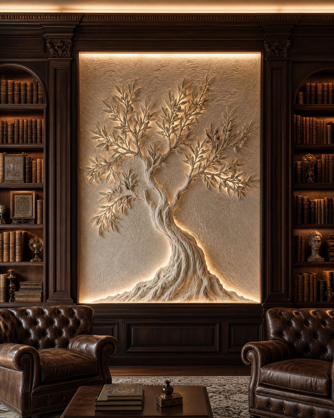 Artistic tree mural living room