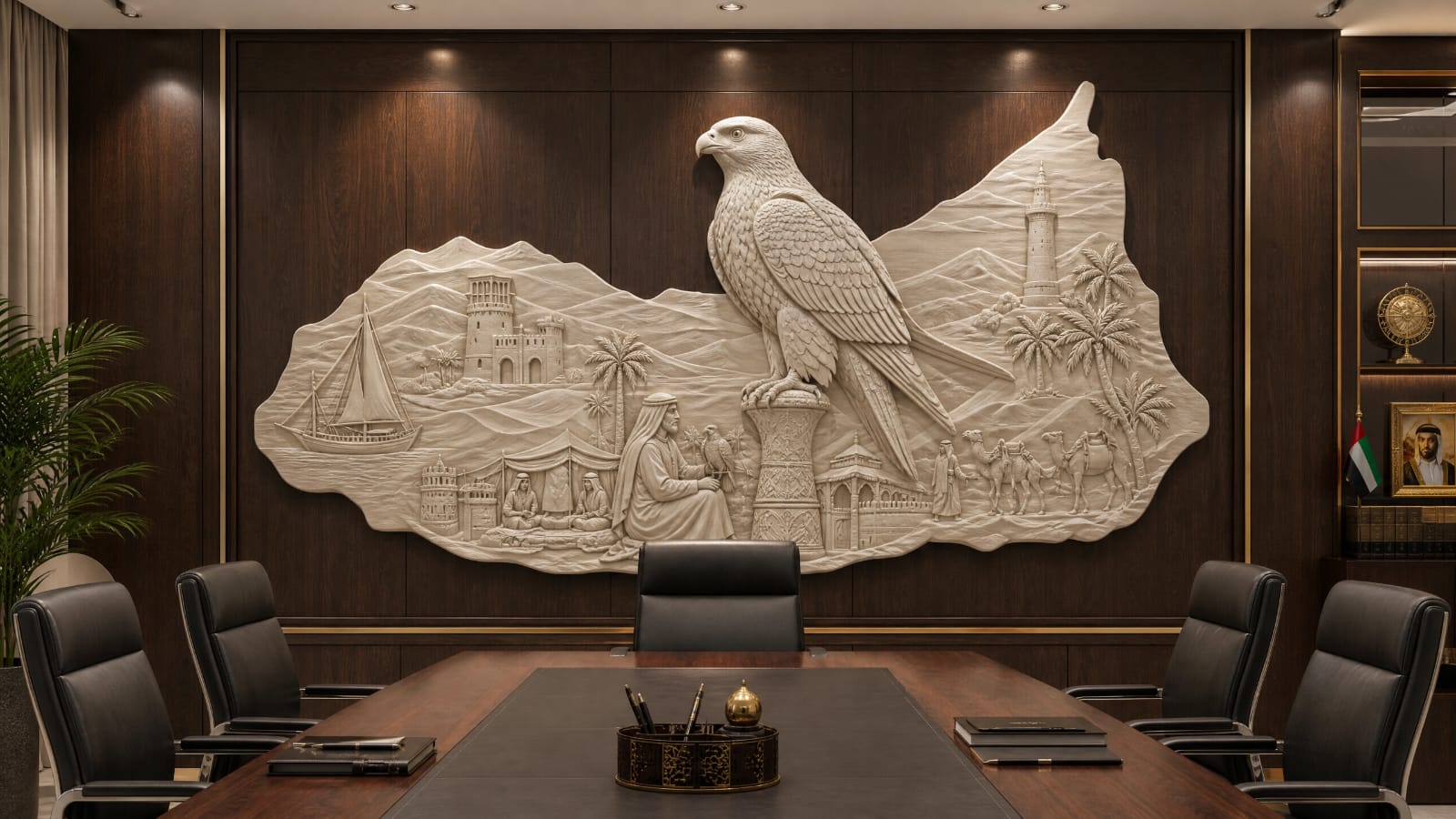 A falcon carved in high relief over a map of the UAE, with a dhow, forts, a falconer, a lighthouse and camels, on a boardroom wall