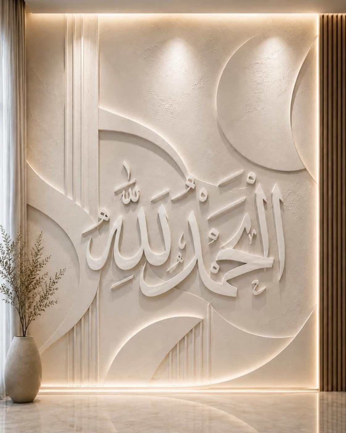Alhamdulillah carved in relief on a backlit plaster wall